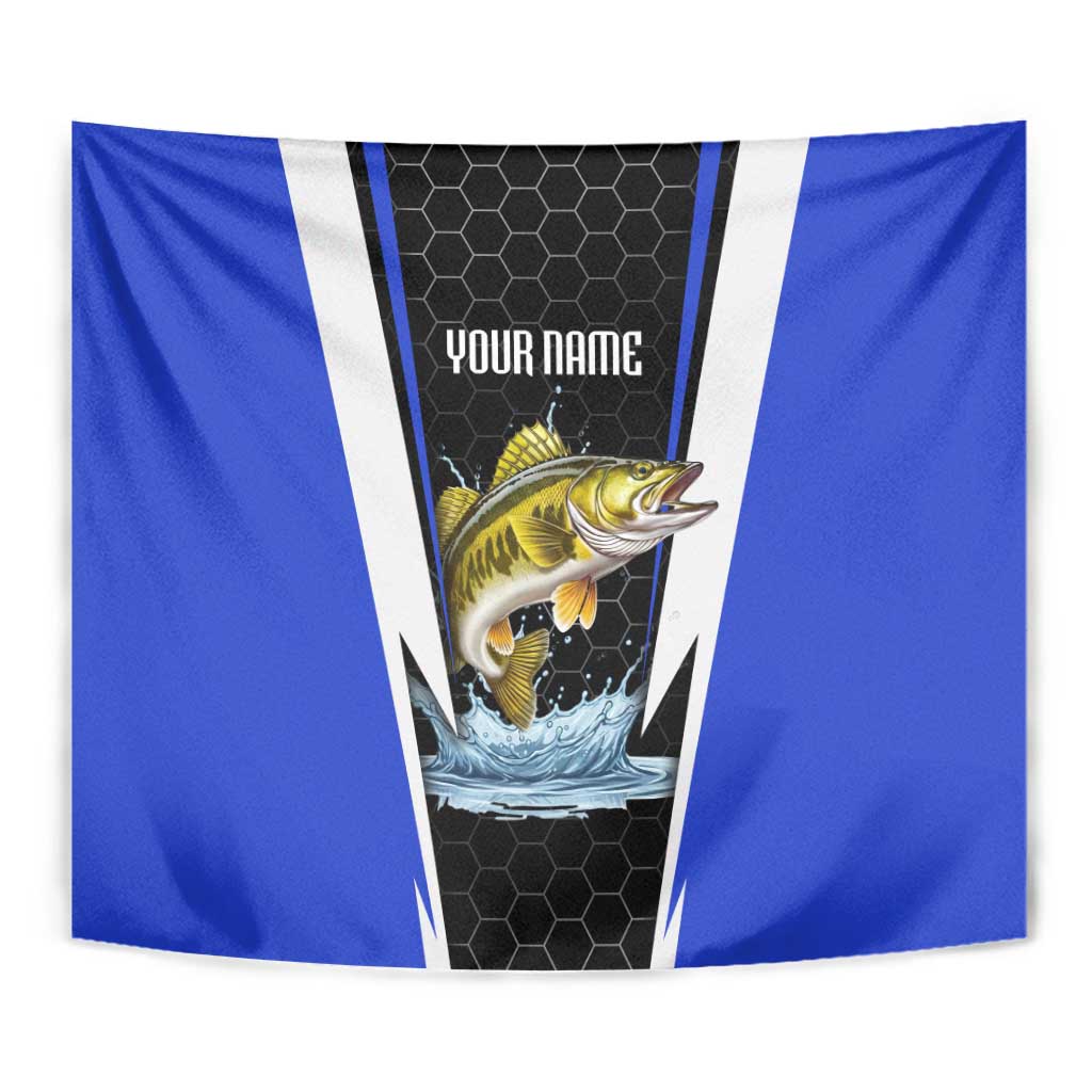 Custom Walleye Fishing Tapestry with Jumping Fish Splash and Blue Black Hexagon Pattern - Wonder Print Shop
