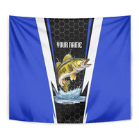 Custom Walleye Fishing Tapestry with Jumping Fish Splash and Blue Black Hexagon Pattern - Wonder Print Shop
