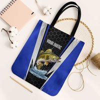 Custom Walleye Fishing Tote Bag with Jumping Fish Splash and Blue Black Hexagon Pattern - Wonder Print Shop
