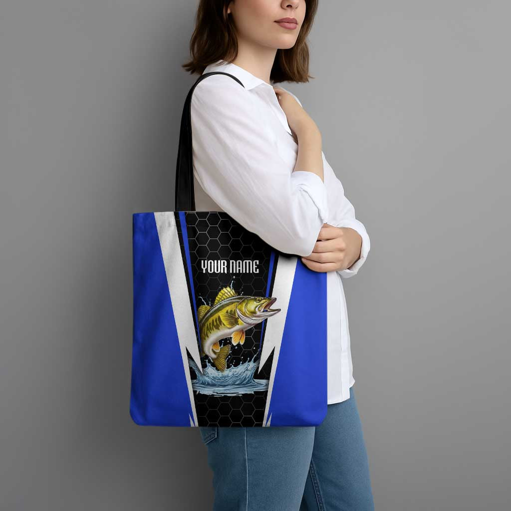 Custom Walleye Fishing Tote Bag with Jumping Fish Splash and Blue Black Hexagon Pattern - Wonder Print Shop