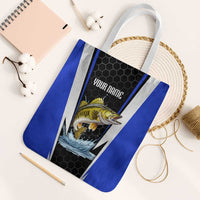 Custom Walleye Fishing Tote Bag with Jumping Fish Splash and Blue Black Hexagon Pattern - Wonder Print Shop