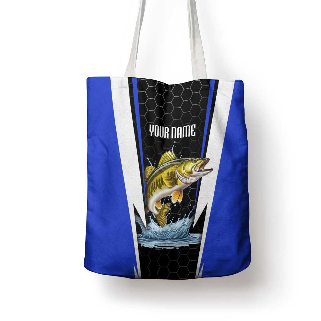 Custom Walleye Fishing Tote Bag with Jumping Fish Splash and Blue Black Hexagon Pattern - Wonder Print Shop