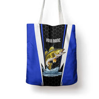 Custom Walleye Fishing Tote Bag with Jumping Fish Splash and Blue Black Hexagon Pattern - Wonder Print Shop