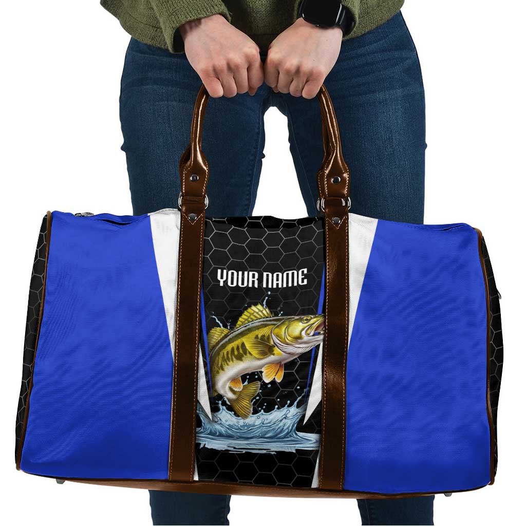 Custom Walleye Fishing Travel Bag with Jumping Fish Splash and Blue Black Hexagon Pattern - Wonder Print Shop