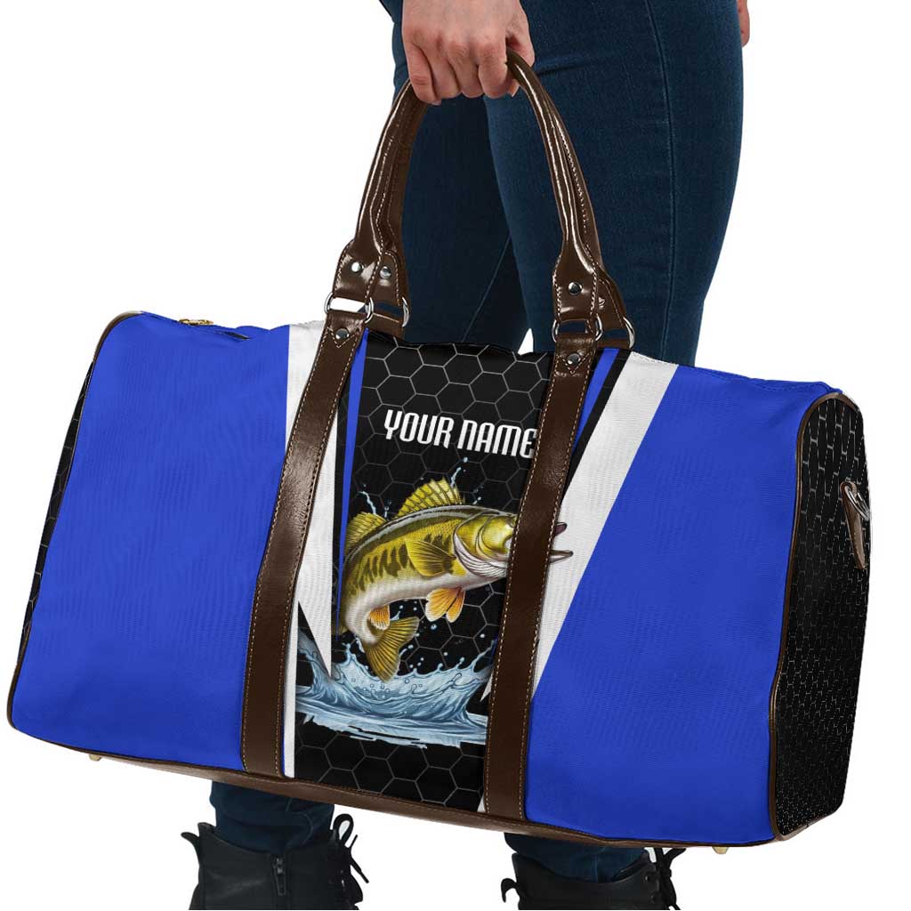 Custom Walleye Fishing Travel Bag with Jumping Fish Splash and Blue Black Hexagon Pattern - Wonder Print Shop