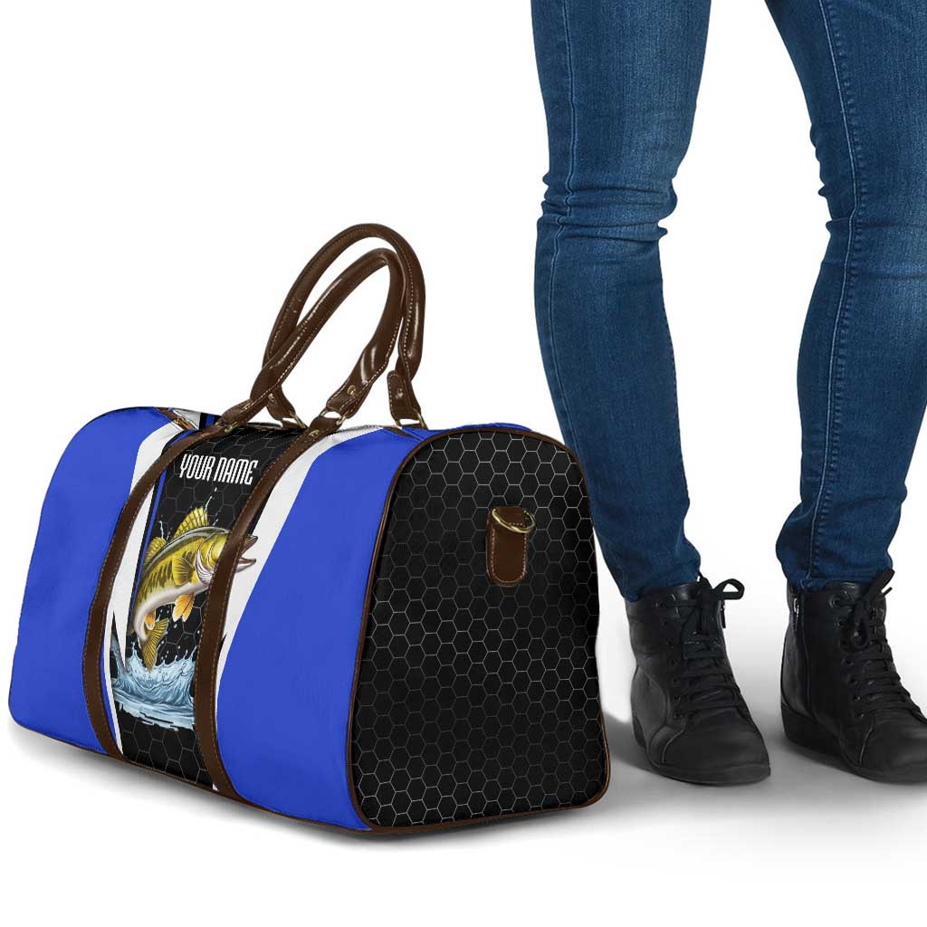 Custom Walleye Fishing Travel Bag with Jumping Fish Splash and Blue Black Hexagon Pattern - Wonder Print Shop