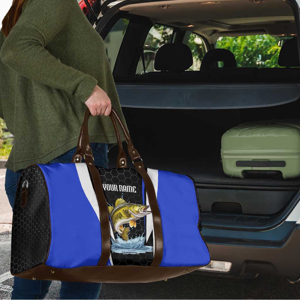 Custom Walleye Fishing Travel Bag with Jumping Fish Splash and Blue Black Hexagon Pattern - Wonder Print Shop