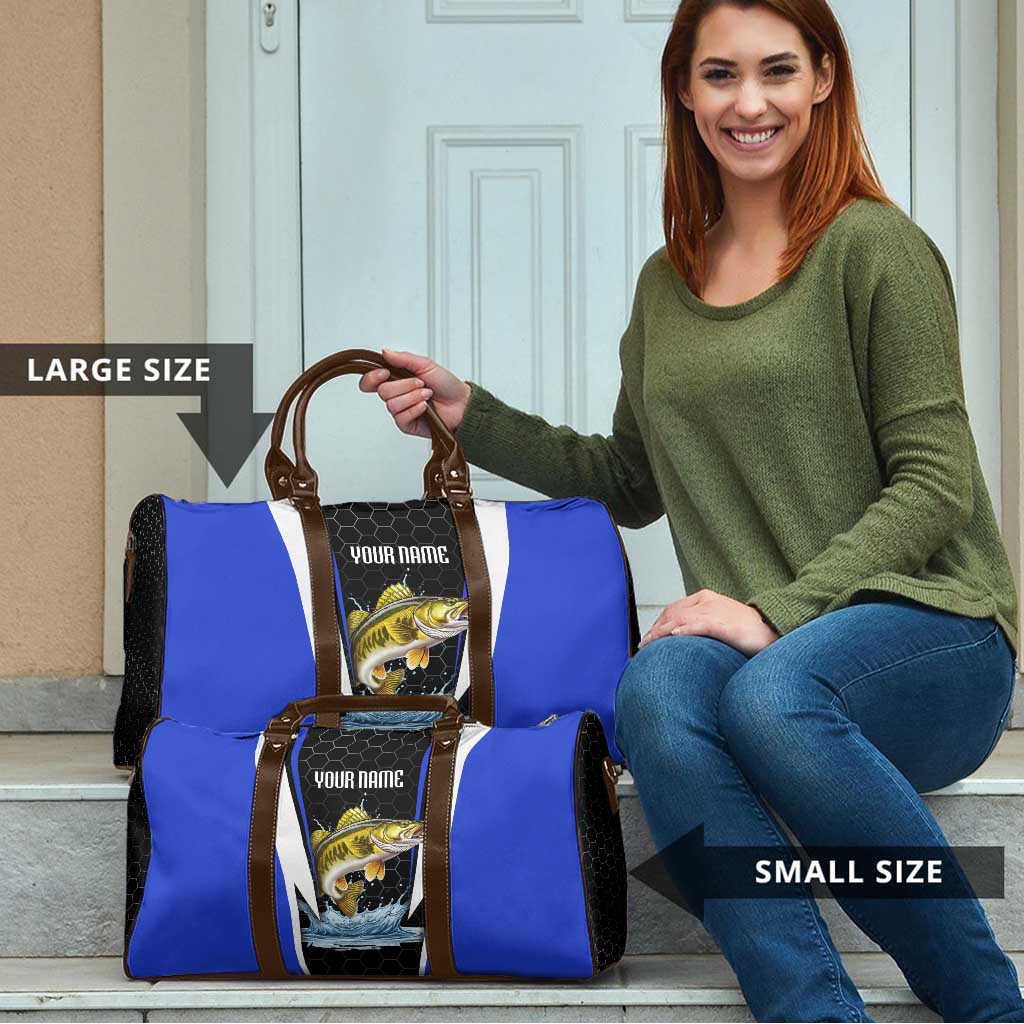 Custom Walleye Fishing Travel Bag with Jumping Fish Splash and Blue Black Hexagon Pattern - Wonder Print Shop