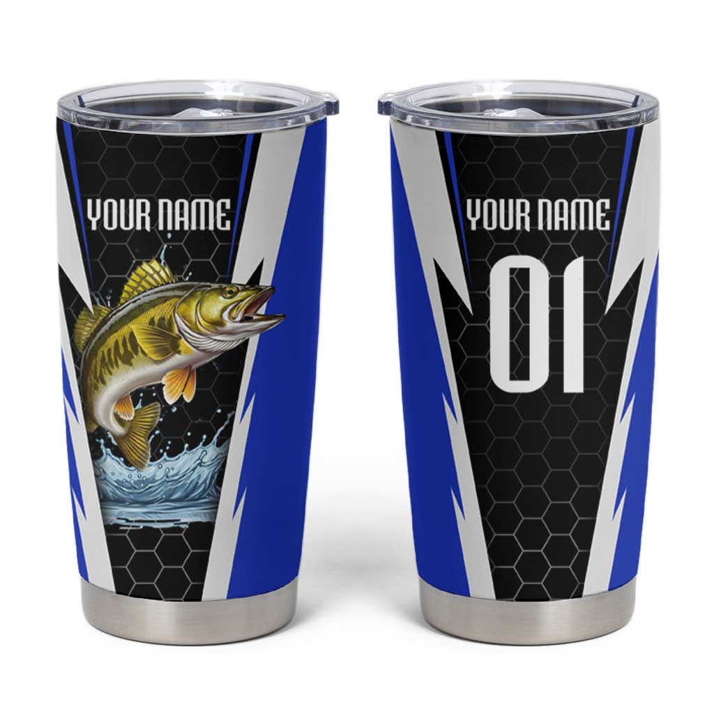 Custom Walleye Fishing Tumbler Cup with Jumping Fish Splash and Blue Black Hexagon Pattern - Wonder Print Shop