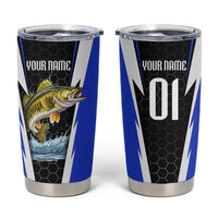 Custom Walleye Fishing Tumbler Cup with Jumping Fish Splash and Blue Black Hexagon Pattern - Wonder Print Shop