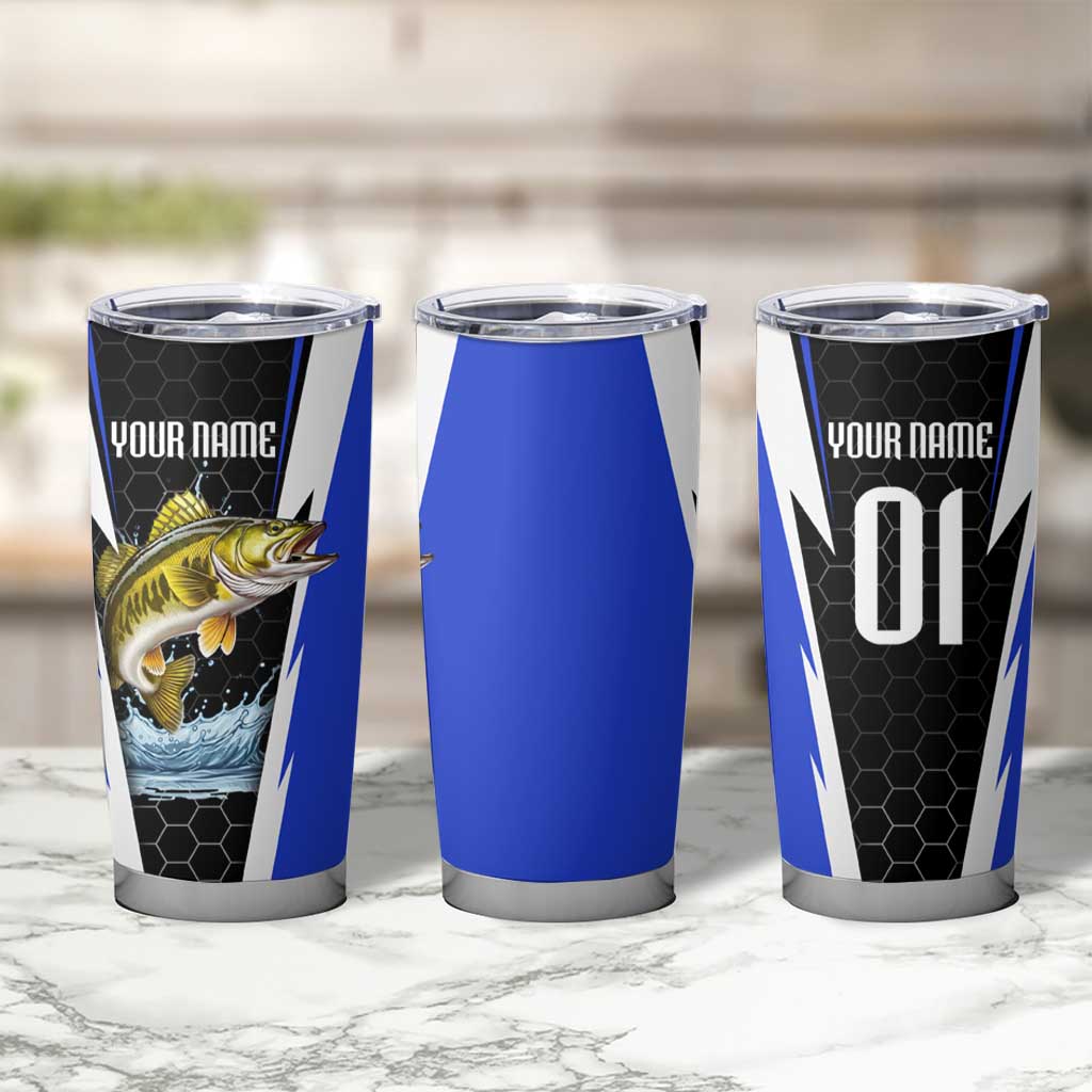 Custom Walleye Fishing Tumbler Cup with Jumping Fish Splash and Blue Black Hexagon Pattern - Wonder Print Shop