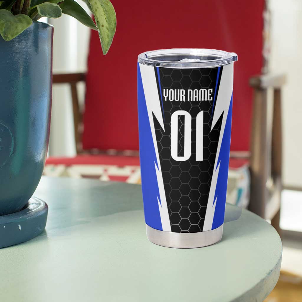 Custom Walleye Fishing Tumbler Cup with Jumping Fish Splash and Blue Black Hexagon Pattern - Wonder Print Shop