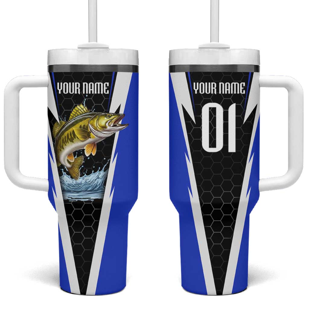 Custom Walleye Fishing Tumbler With Handle with Jumping Fish Splash and Blue Black Hexagon Pattern - Wonder Print Shop