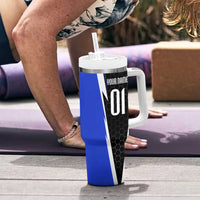 Custom Walleye Fishing Tumbler With Handle with Jumping Fish Splash and Blue Black Hexagon Pattern - Wonder Print Shop