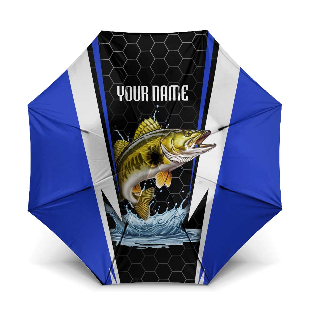 Custom Walleye Fishing Umbrella with Jumping Fish Splash and Blue Black Hexagon Pattern - Wonder Print Shop