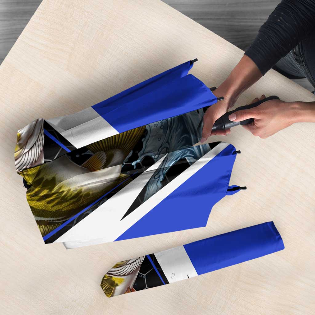 Custom Walleye Fishing Umbrella with Jumping Fish Splash and Blue Black Hexagon Pattern - Wonder Print Shop