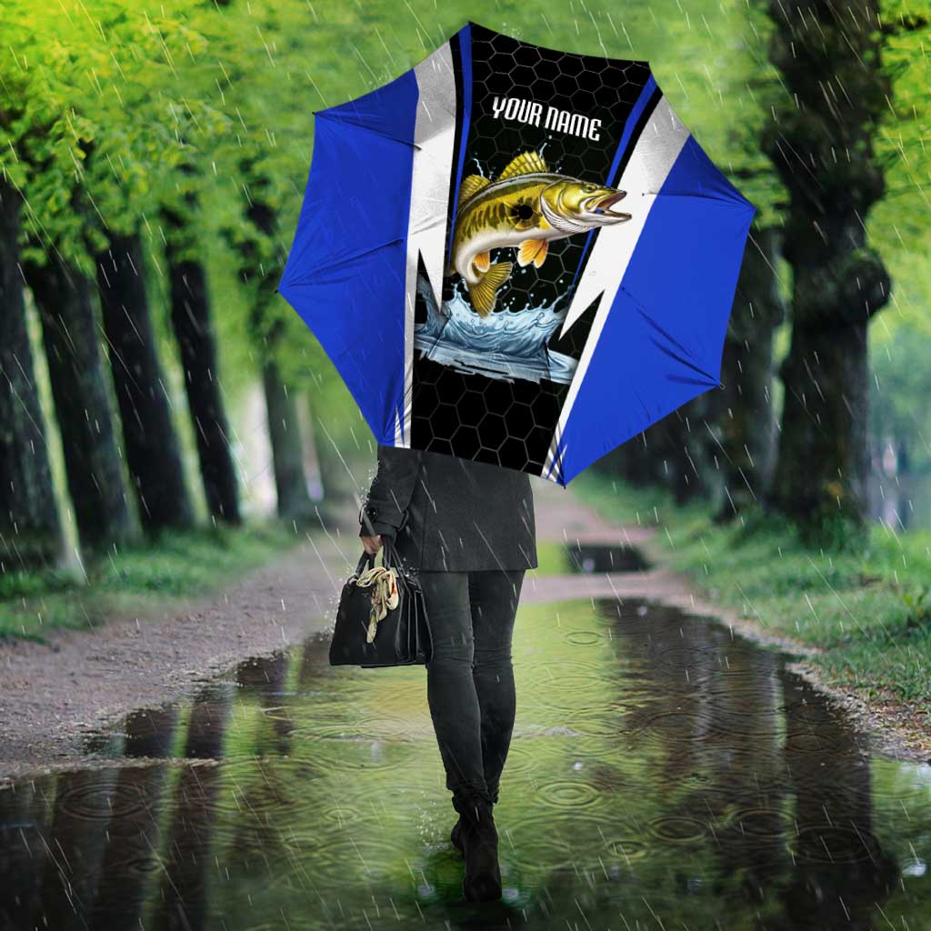 Custom Walleye Fishing Umbrella with Jumping Fish Splash and Blue Black Hexagon Pattern - Wonder Print Shop