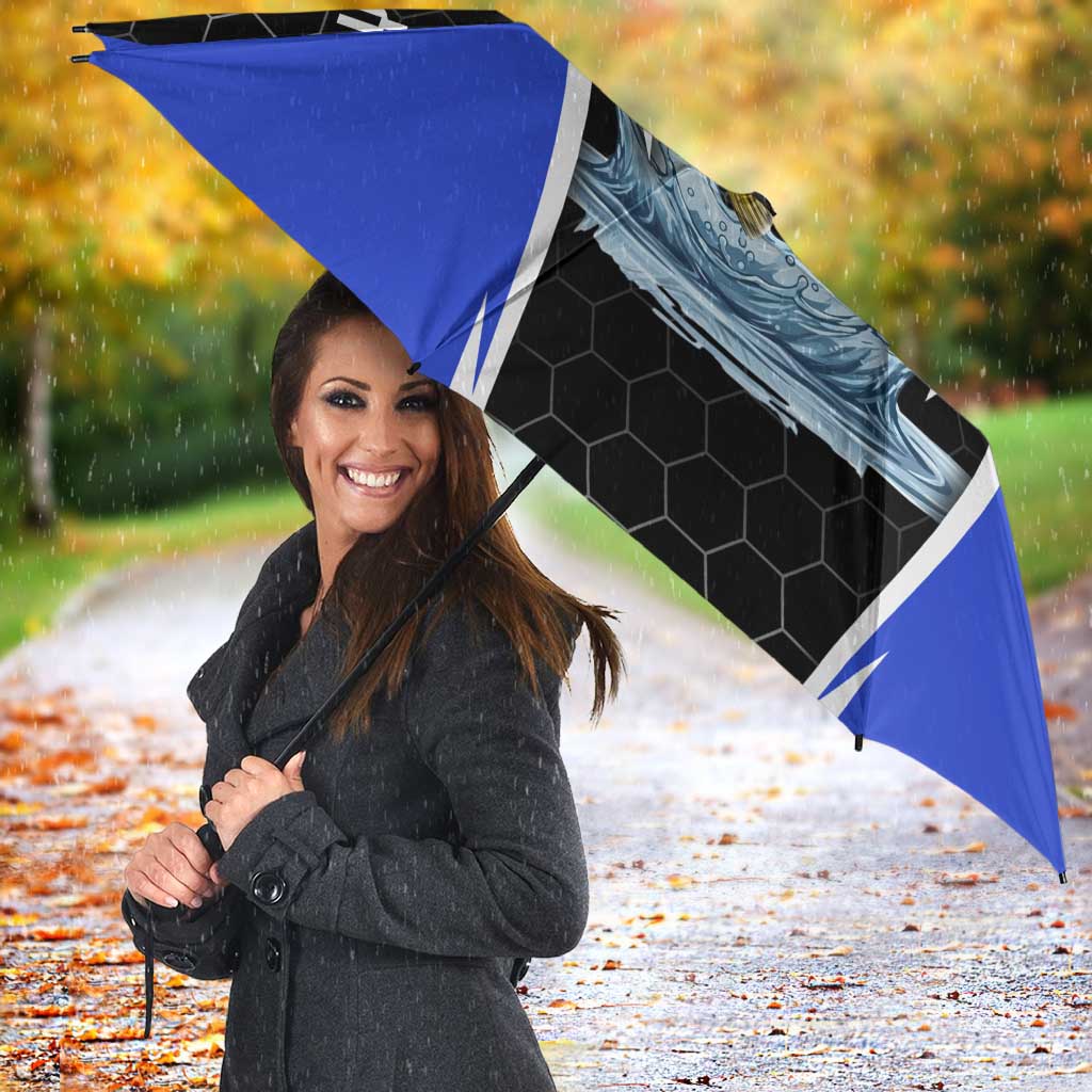Custom Walleye Fishing Umbrella with Jumping Fish Splash and Blue Black Hexagon Pattern - Wonder Print Shop