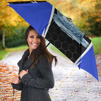 Custom Walleye Fishing Umbrella with Jumping Fish Splash and Blue Black Hexagon Pattern - Wonder Print Shop
