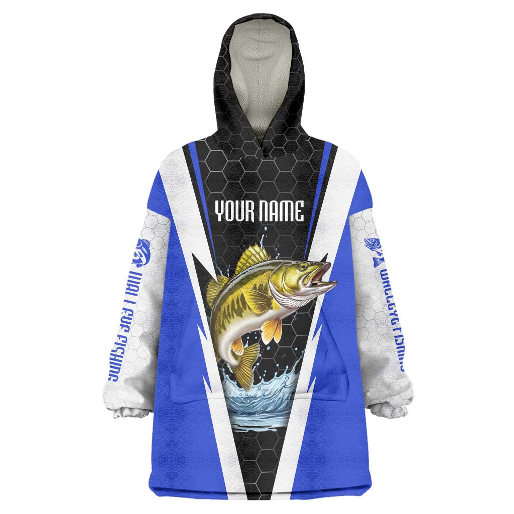 Custom Walleye Fishing Wearable Blanket Hoodie with Jumping Fish Splash and Blue Black Hexagon Pattern - Wonder Print Shop