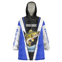 Custom Walleye Fishing Wearable Blanket Hoodie with Jumping Fish Splash and Blue Black Hexagon Pattern - Wonder Print Shop