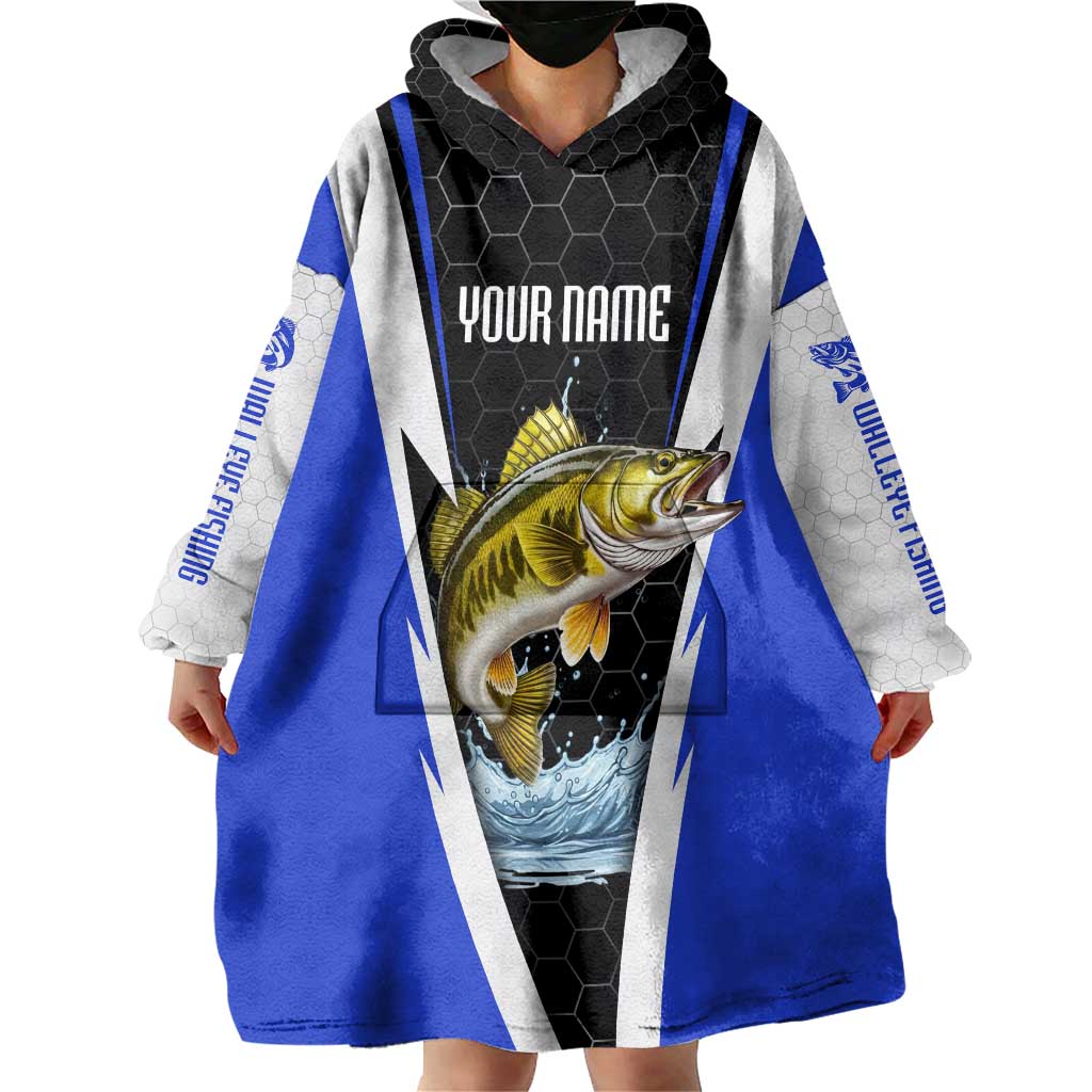 Custom Walleye Fishing Wearable Blanket Hoodie with Jumping Fish Splash and Blue Black Hexagon Pattern - Wonder Print Shop