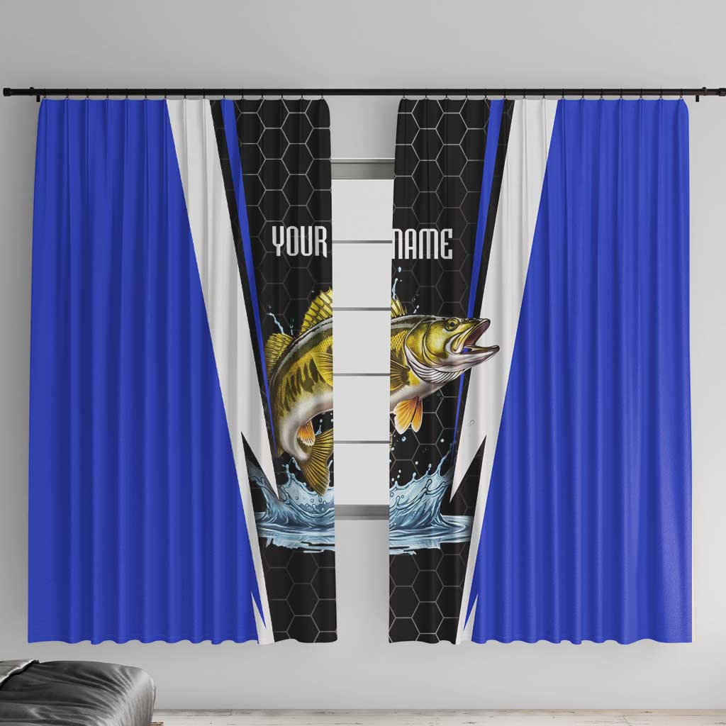 Custom Walleye Fishing Window Curtain with Jumping Fish Splash and Blue Black Hexagon Pattern - Wonder Print Shop