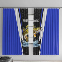 Custom Walleye Fishing Window Curtain with Jumping Fish Splash and Blue Black Hexagon Pattern - Wonder Print Shop