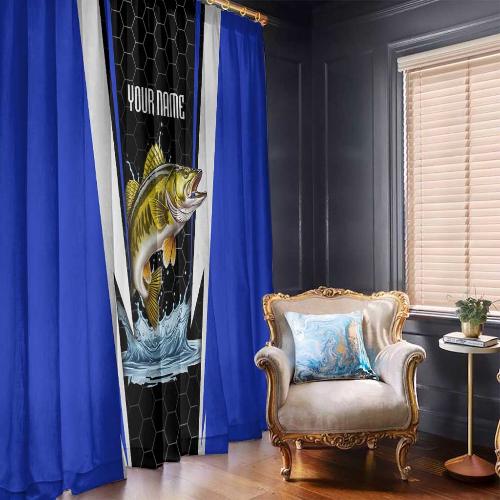 Custom Walleye Fishing Window Curtain with Jumping Fish Splash and Blue Black Hexagon Pattern - Wonder Print Shop