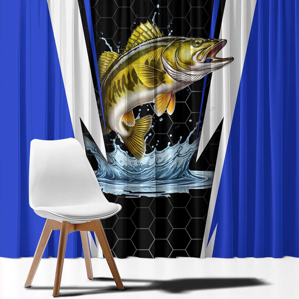 Custom Walleye Fishing Window Curtain with Jumping Fish Splash and Blue Black Hexagon Pattern - Wonder Print Shop