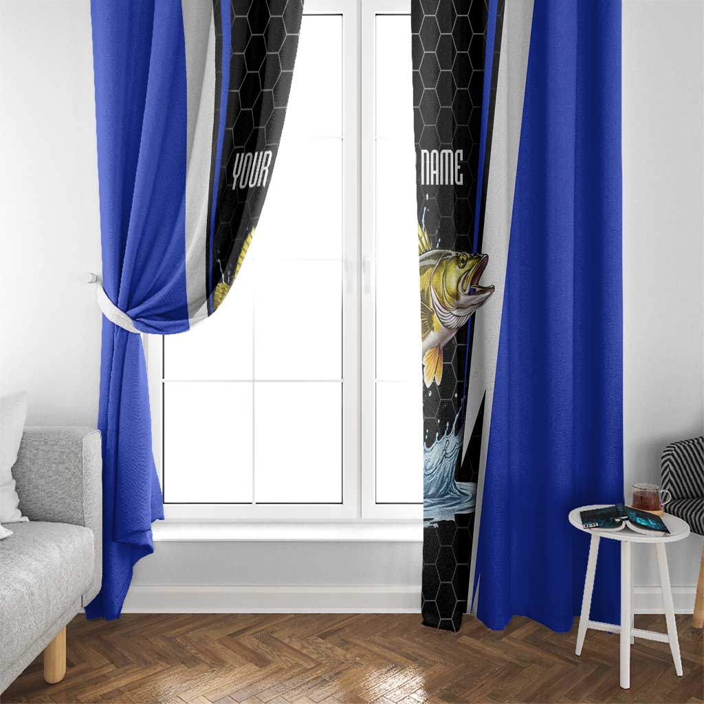 Custom Walleye Fishing Window Curtain with Jumping Fish Splash and Blue Black Hexagon Pattern - Wonder Print Shop