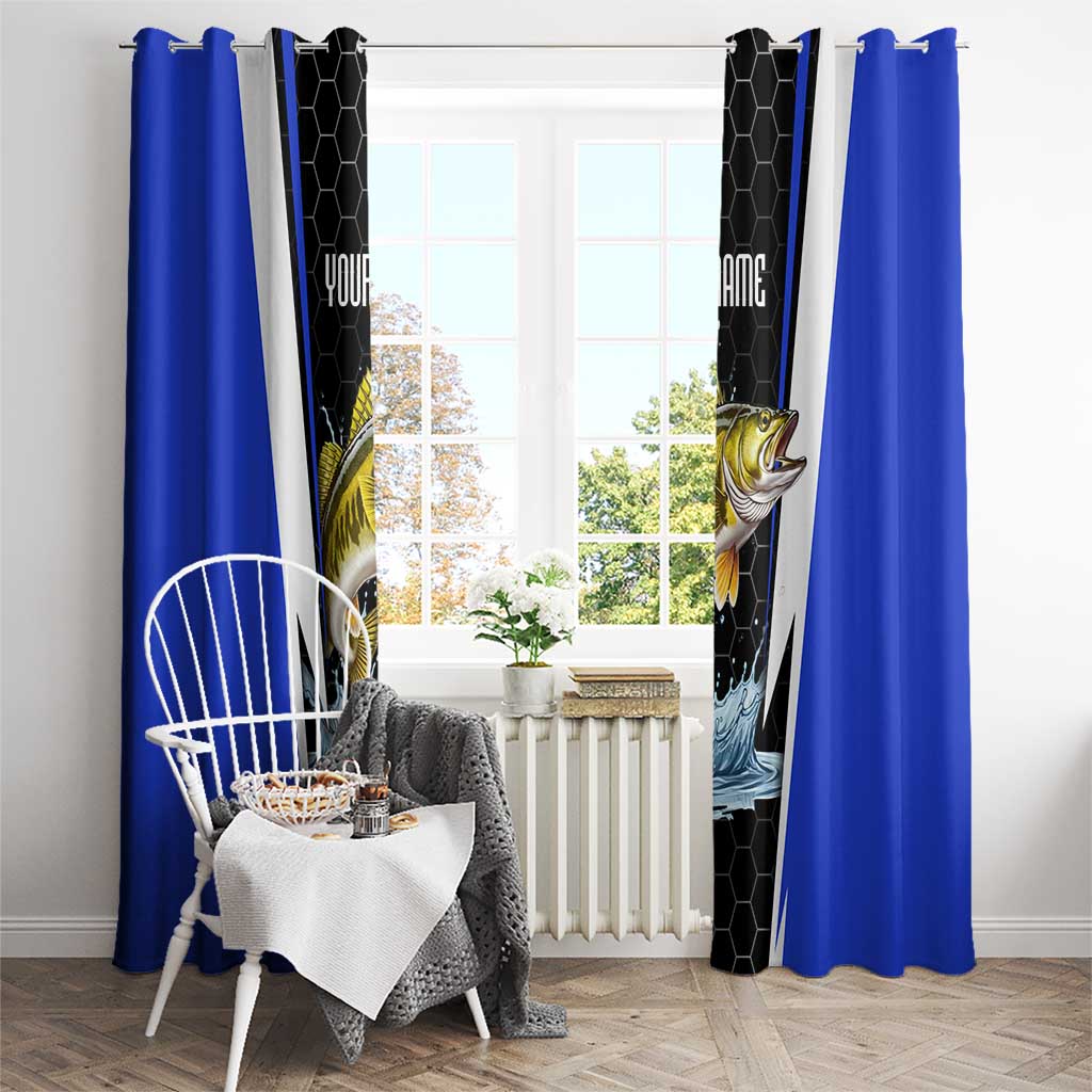 Custom Walleye Fishing Window Curtain with Jumping Fish Splash and Blue Black Hexagon Pattern - Wonder Print Shop