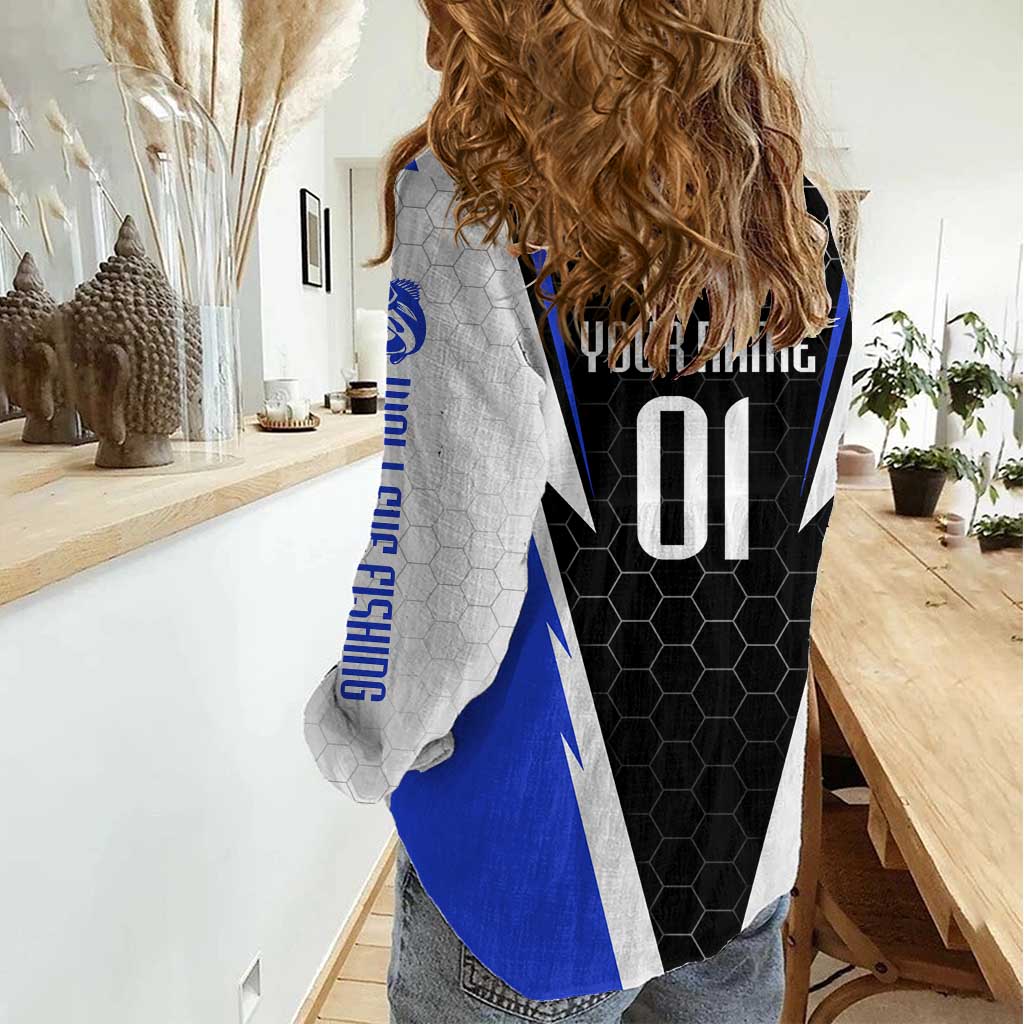 Custom Walleye Fishing Women Casual Shirt with Jumping Fish Splash and Blue Black Hexagon Pattern - Wonder Print Shop