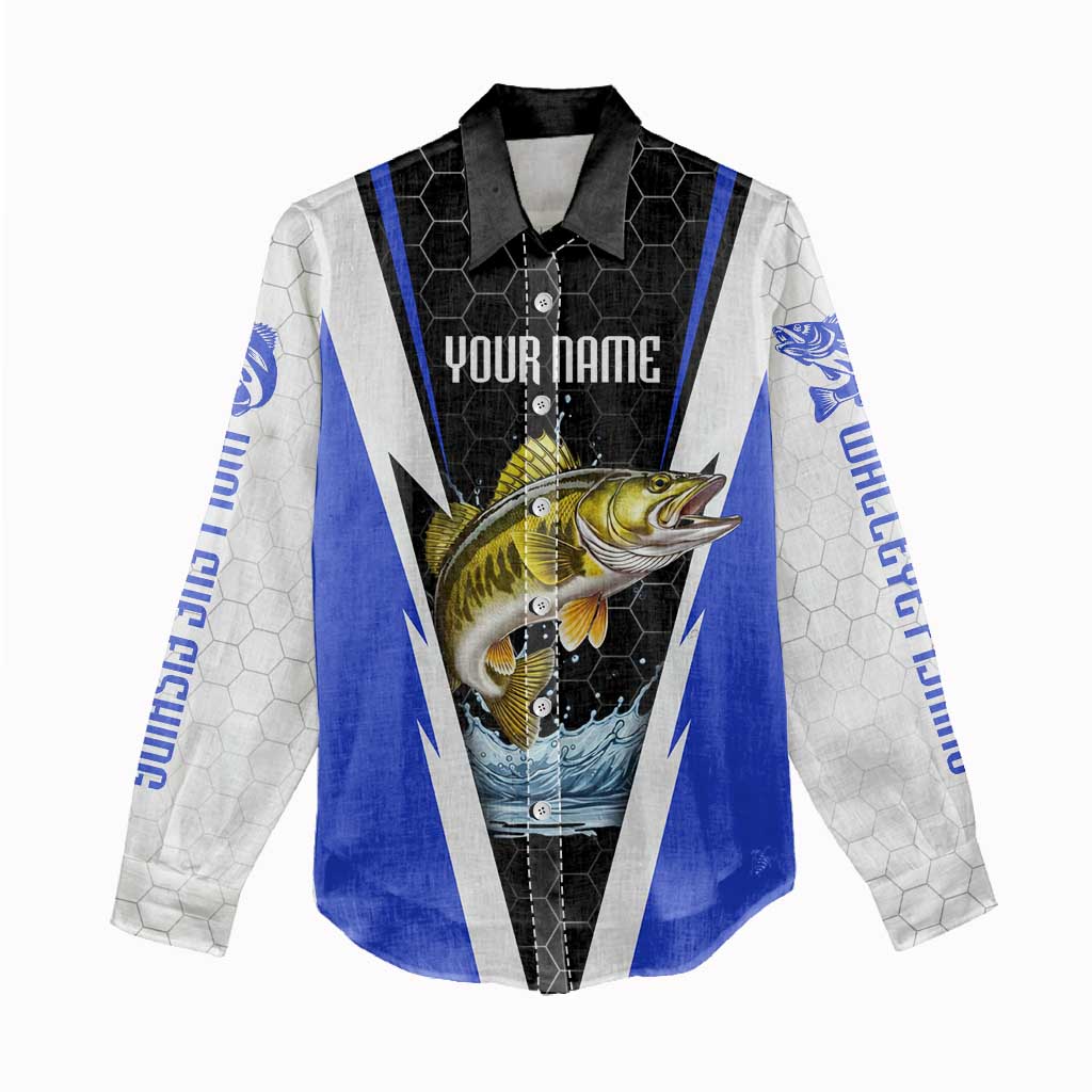 Custom Walleye Fishing Women Casual Shirt with Jumping Fish Splash and Blue Black Hexagon Pattern - Wonder Print Shop