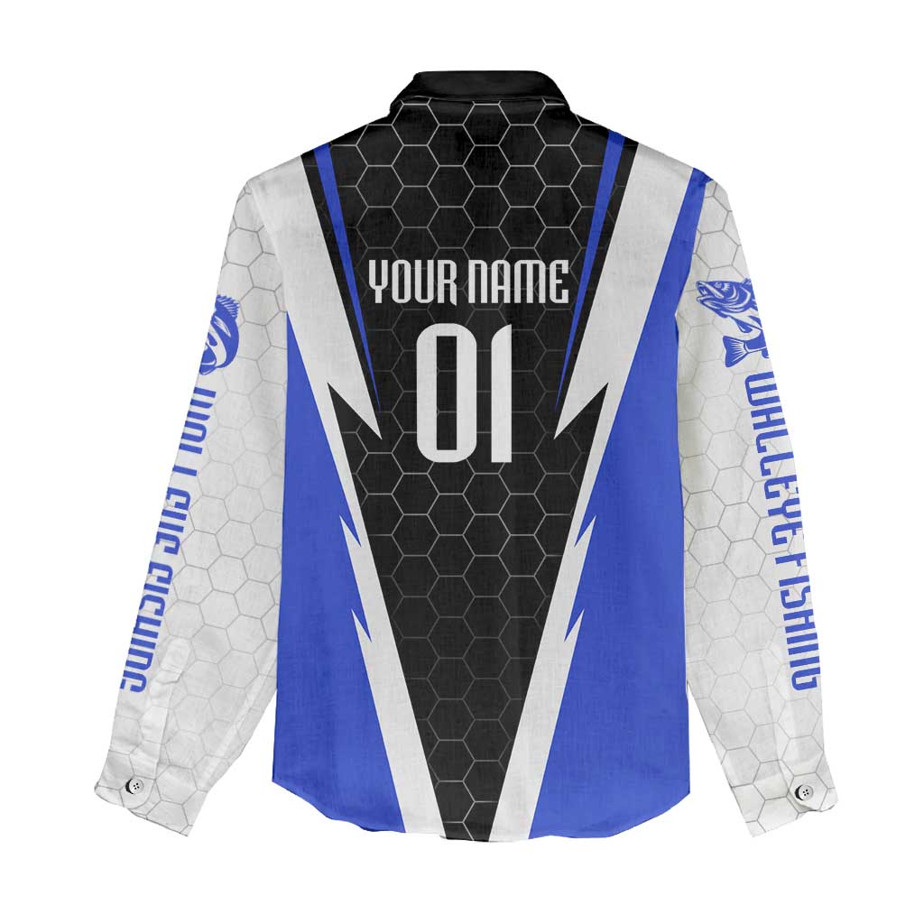 Custom Walleye Fishing Women Casual Shirt with Jumping Fish Splash and Blue Black Hexagon Pattern - Wonder Print Shop