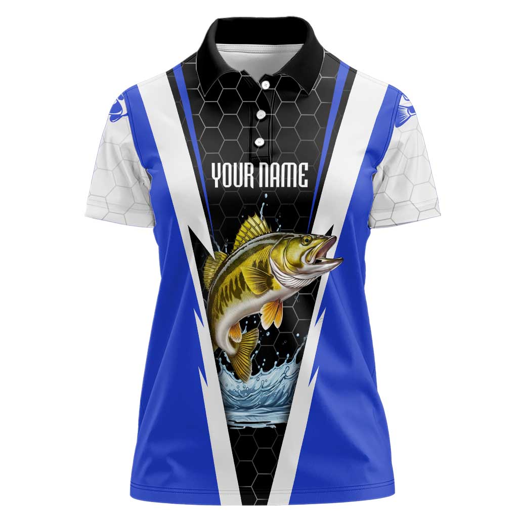 Custom Walleye Fishing Women Polo Shirt with Jumping Fish Splash and Blue Black Hexagon Pattern - Wonder Print Shop