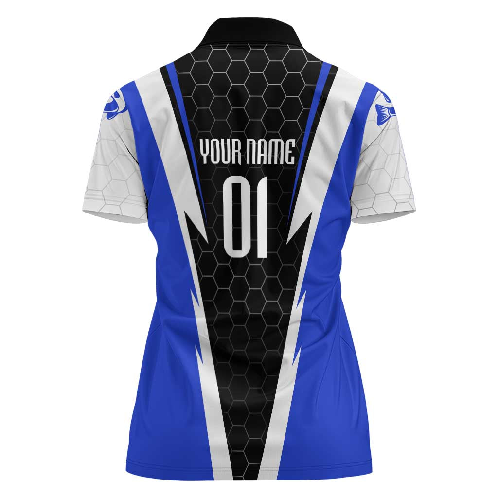 Custom Walleye Fishing Women Polo Shirt with Jumping Fish Splash and Blue Black Hexagon Pattern - Wonder Print Shop