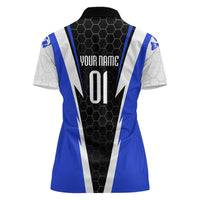Custom Walleye Fishing Women Polo Shirt with Jumping Fish Splash and Blue Black Hexagon Pattern - Wonder Print Shop