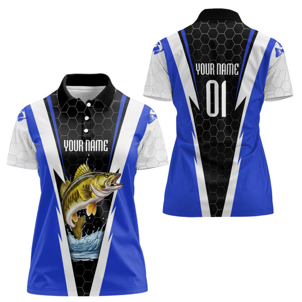 Custom Walleye Fishing Women Polo Shirt with Jumping Fish Splash and Blue Black Hexagon Pattern - Wonder Print Shop