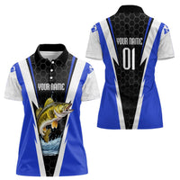 Custom Walleye Fishing Women Polo Shirt with Jumping Fish Splash and Blue Black Hexagon Pattern - Wonder Print Shop