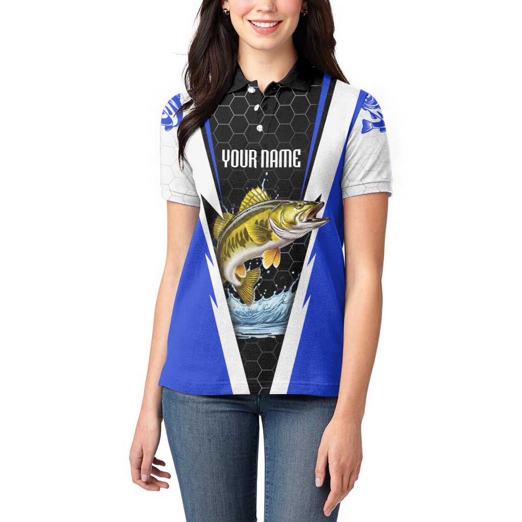 Custom Walleye Fishing Women Polo Shirt with Jumping Fish Splash and Blue Black Hexagon Pattern - Wonder Print Shop