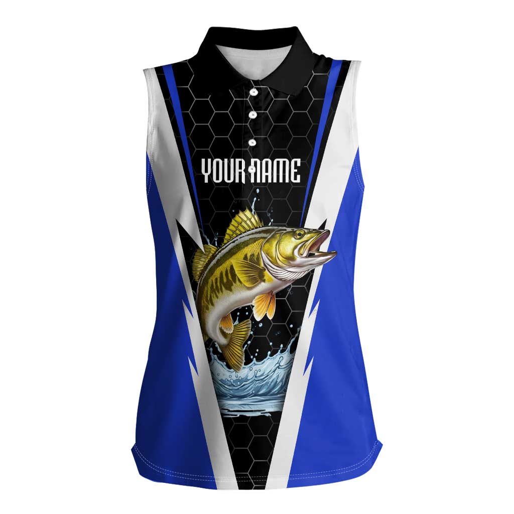 Custom Walleye Fishing Women Sleeveless Polo Shirt with Jumping Fish Splash and Blue Black Hexagon Pattern - Wonder Print Shop