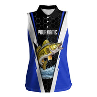 Custom Walleye Fishing Women Sleeveless Polo Shirt with Jumping Fish Splash and Blue Black Hexagon Pattern - Wonder Print Shop