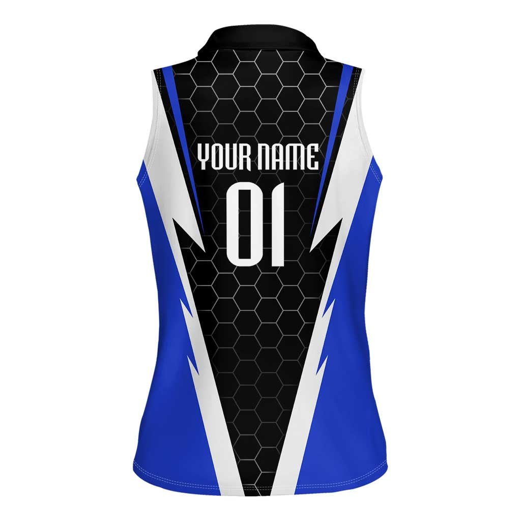 Custom Walleye Fishing Women Sleeveless Polo Shirt with Jumping Fish Splash and Blue Black Hexagon Pattern - Wonder Print Shop