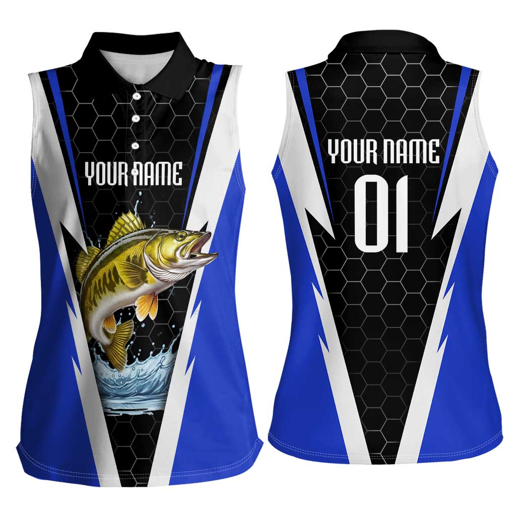 Custom Walleye Fishing Women Sleeveless Polo Shirt with Jumping Fish Splash and Blue Black Hexagon Pattern - Wonder Print Shop