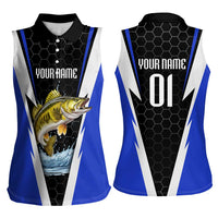 Custom Walleye Fishing Women Sleeveless Polo Shirt with Jumping Fish Splash and Blue Black Hexagon Pattern - Wonder Print Shop