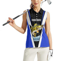 Custom Walleye Fishing Women Sleeveless Polo Shirt with Jumping Fish Splash and Blue Black Hexagon Pattern - Wonder Print Shop