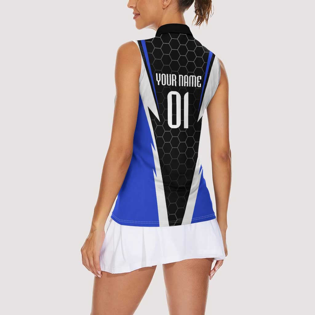 Custom Walleye Fishing Women Sleeveless Polo Shirt with Jumping Fish Splash and Blue Black Hexagon Pattern - Wonder Print Shop
