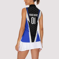 Custom Walleye Fishing Women Sleeveless Polo Shirt with Jumping Fish Splash and Blue Black Hexagon Pattern - Wonder Print Shop