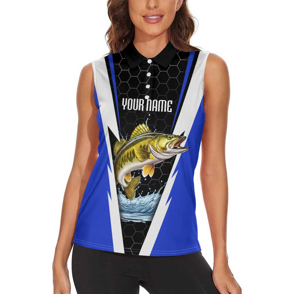 Custom Walleye Fishing Women Sleeveless Polo Shirt with Jumping Fish Splash and Blue Black Hexagon Pattern - Wonder Print Shop